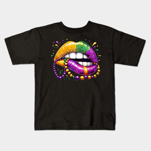 Mardi Gras Lips, Carnival Mardi Gras Outfit ,Fat Tuesday ,Flower de Luce,Mardi Gras Day, Mardi Gras Gift For Women Kids T-Shirt by AlmaDesigns